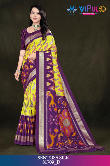 Aroma Lemon Yellow and Purple Cotton Silk Saree