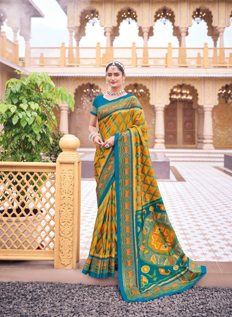 Gulmarg Yellow and Blue Cotton Silk Saree