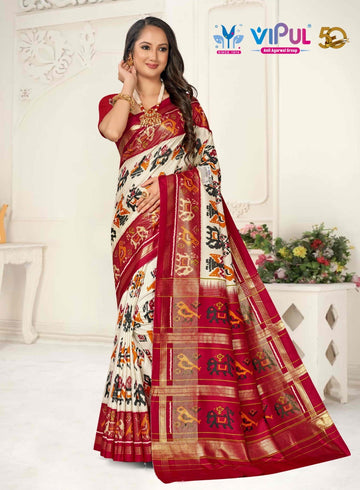 Aroma Cream and Red Cotton Silk Saree