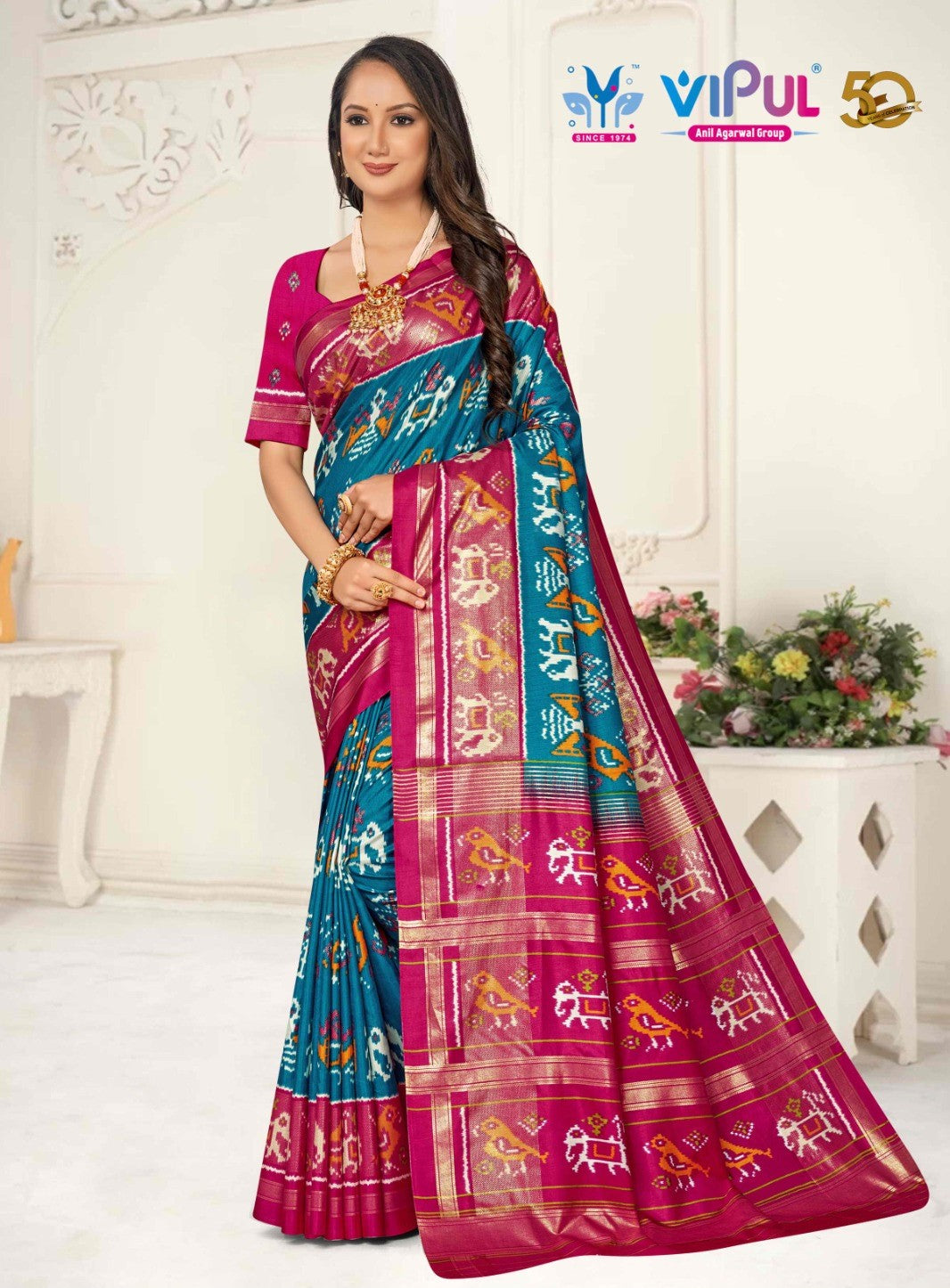 Aroma Blue and Pink Cotton Silk Saree