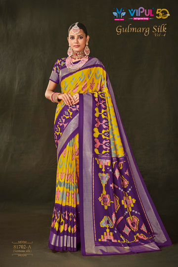 Aroma Yellow and Purple Cotton Silk Saree