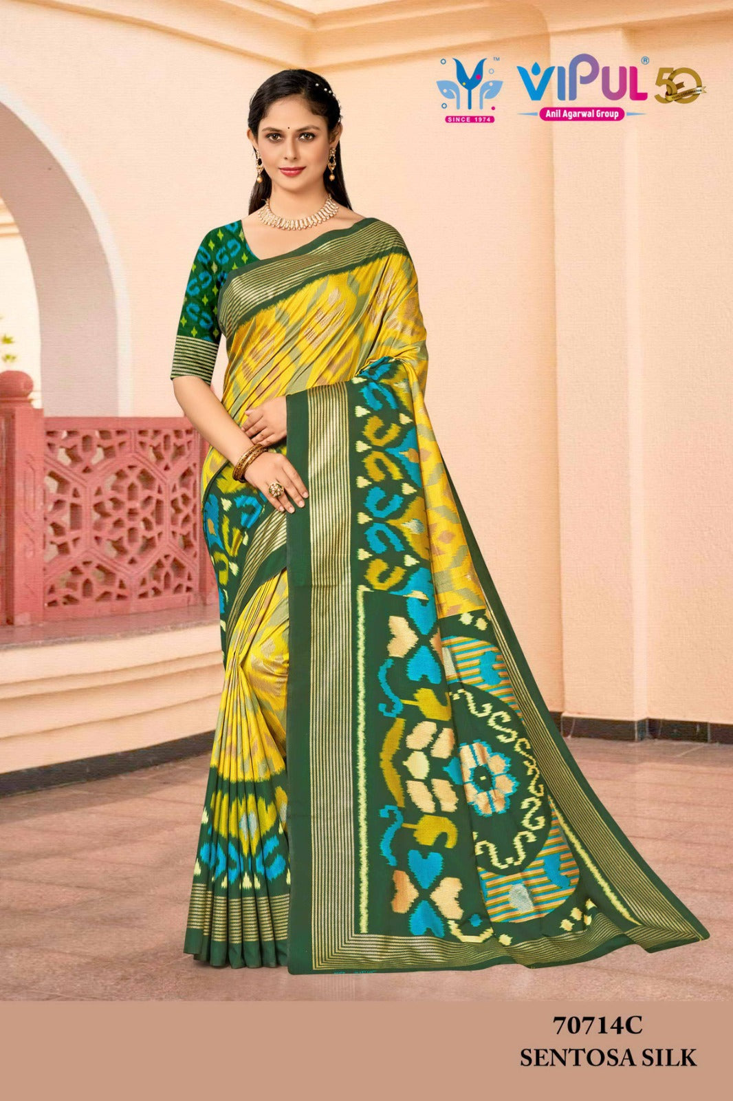 Aroma Yellow and Green Cotton Silk Saree