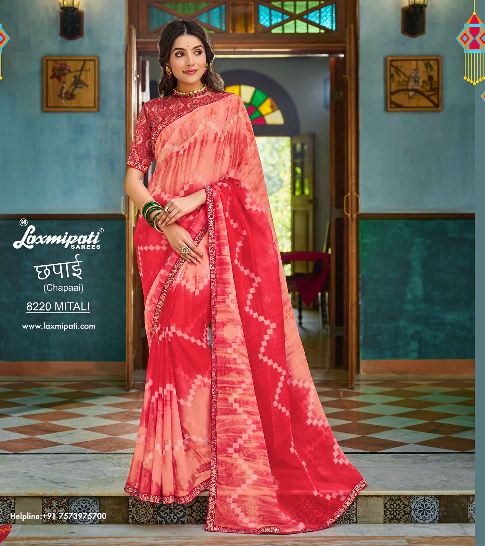 Laxmipati Chapaai 8220 Tomato Red Chiffon Butti Saree