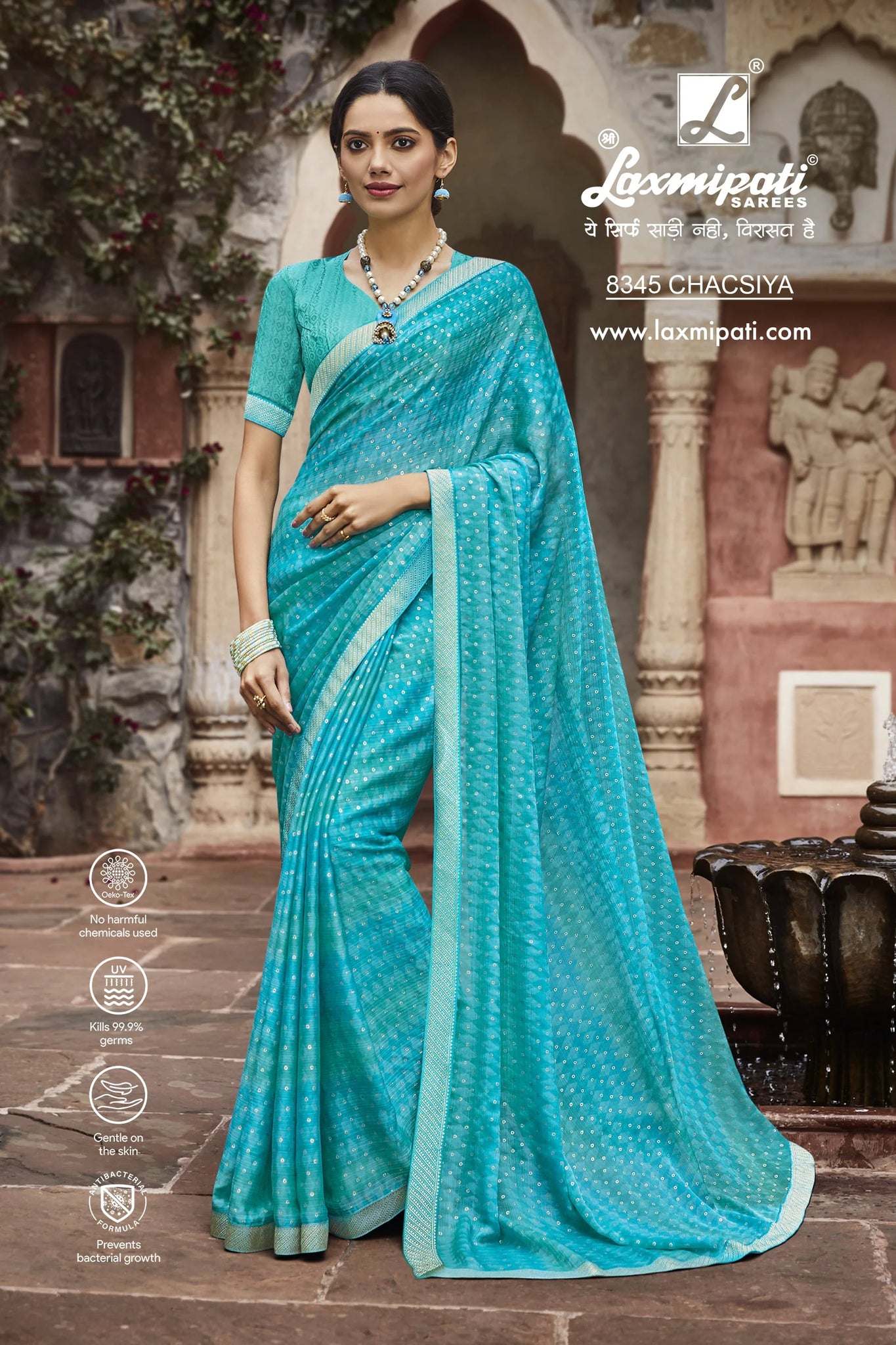 Laxmipati Janki 8345 Sea Blue Satin Chiffon Saree