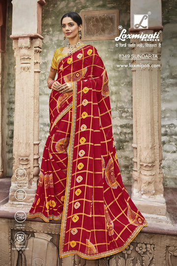 Laxmipati Janki 8349 Red Chiffon Checks Saree