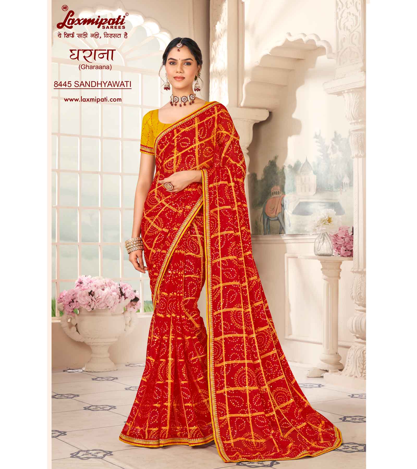 Laxmipati Gharaana 8445 Red Chiffon Checks Saree