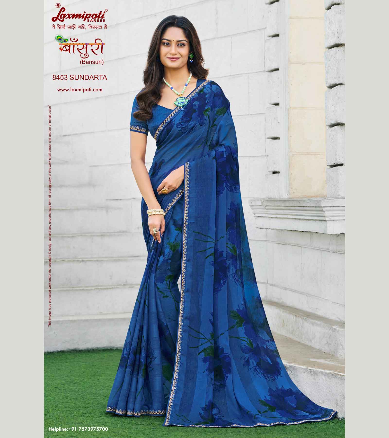 Laxmipati Bansuri 8453 Blue Sharmili Chiffon Saree