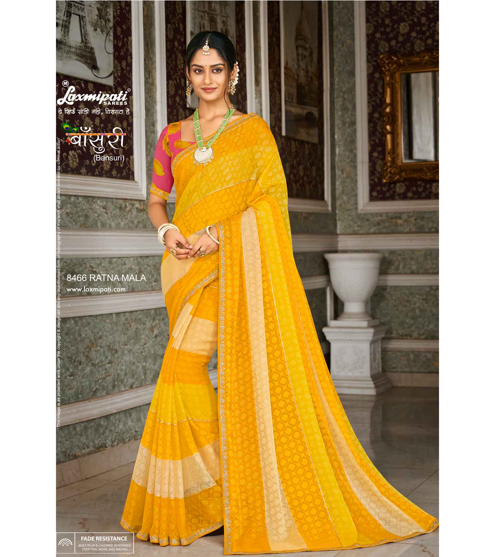 Laxmipati Bansuri 8466 Mustard Chiffon Brasso Saree