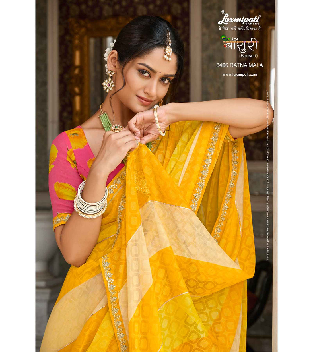 Laxmipati Bansuri 8466 Mustard Chiffon Brasso Saree