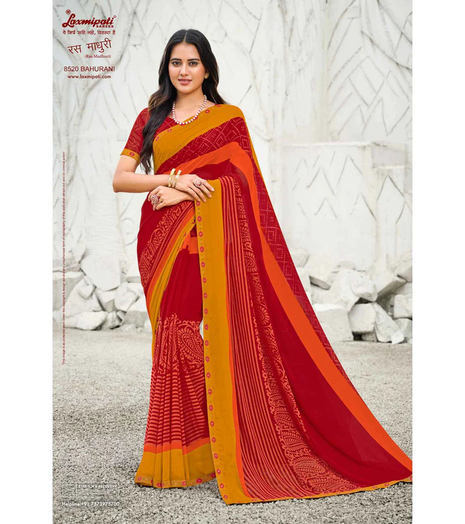 Laxmipati Ras Madhuri 8520 Red Wetless  Saree