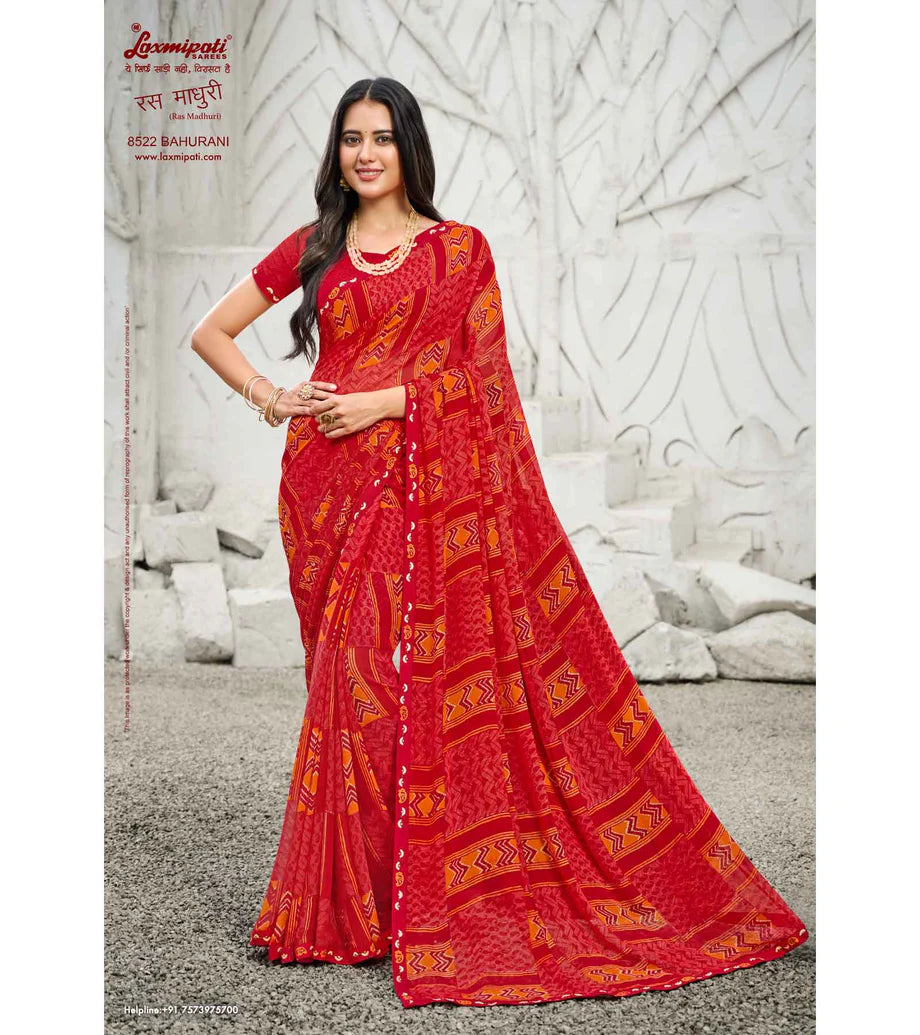 Laxmipati Ras Madhuri 8522 Red Wetless Saree