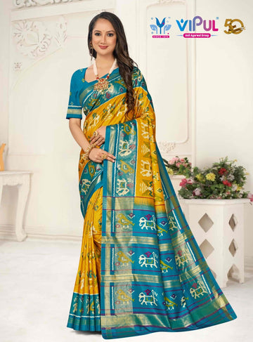 Aroma Yellow and Blue Cotton Silk Saree