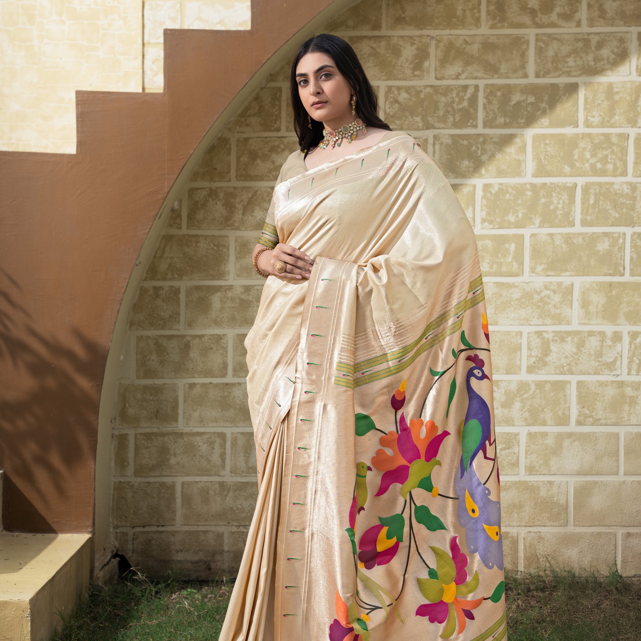 Cream Paithani Soft Blended Silk Saree