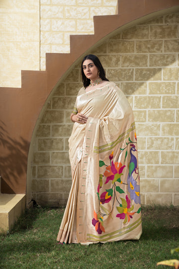 Cream Paithani Soft Blended Silk Saree