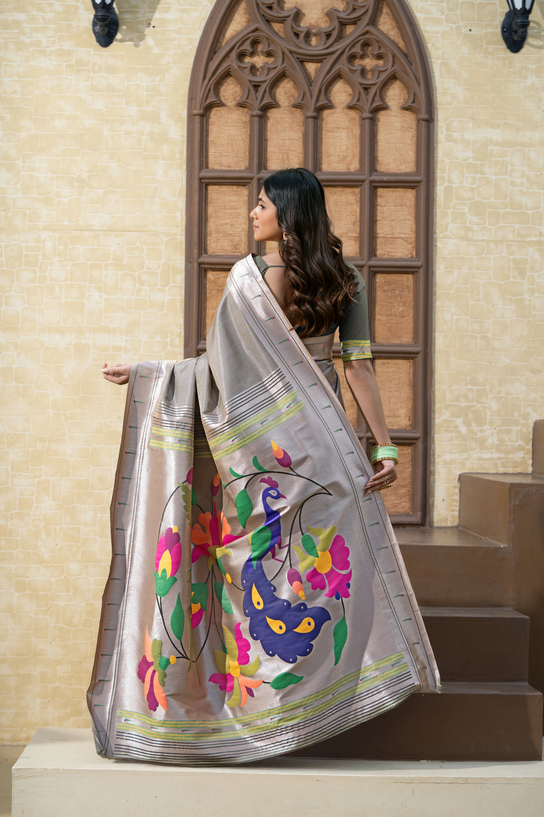 Grey Paithani Soft Blended Silk Saree