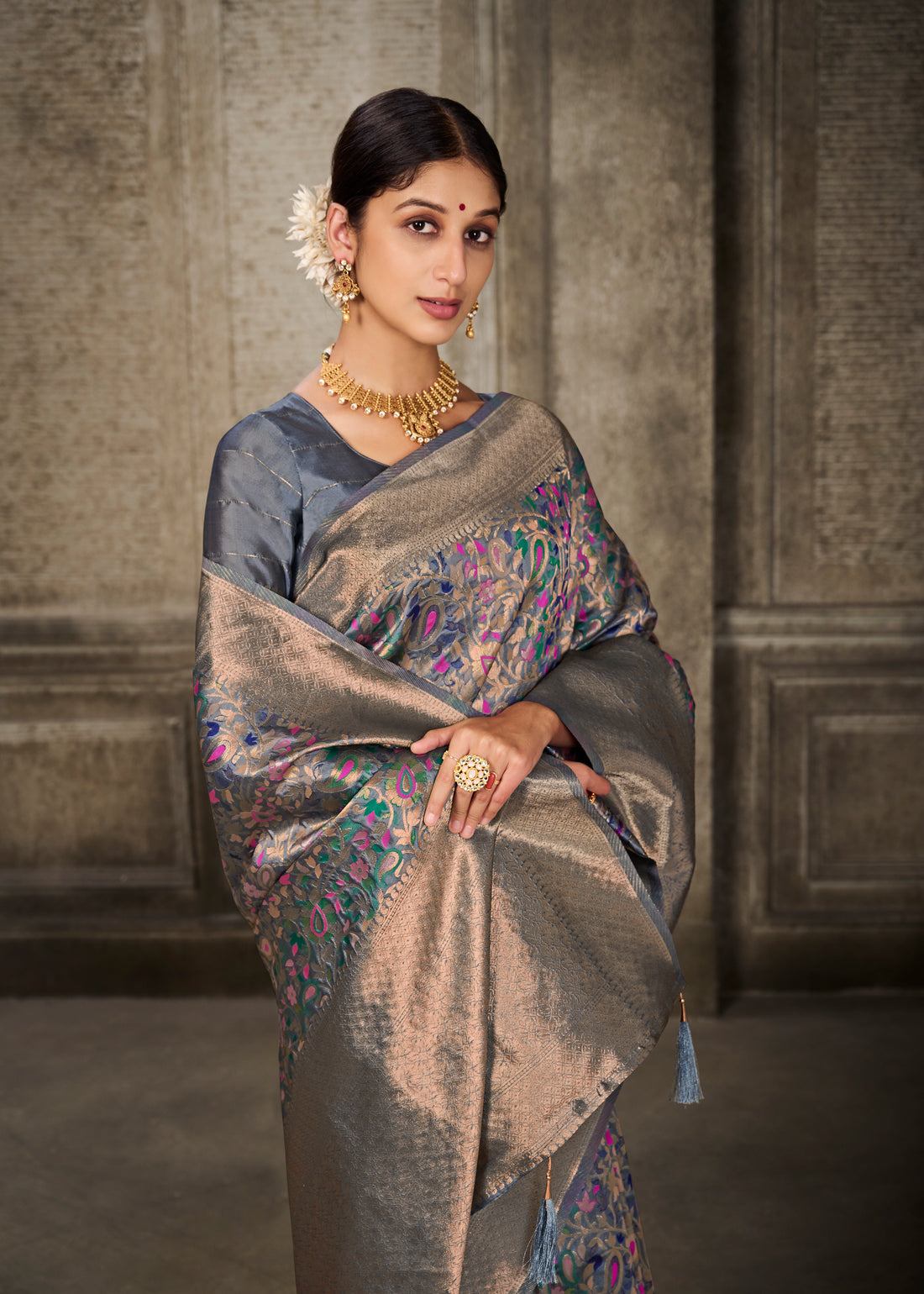 Ishika Fab Grey Banarasi Silk Saree