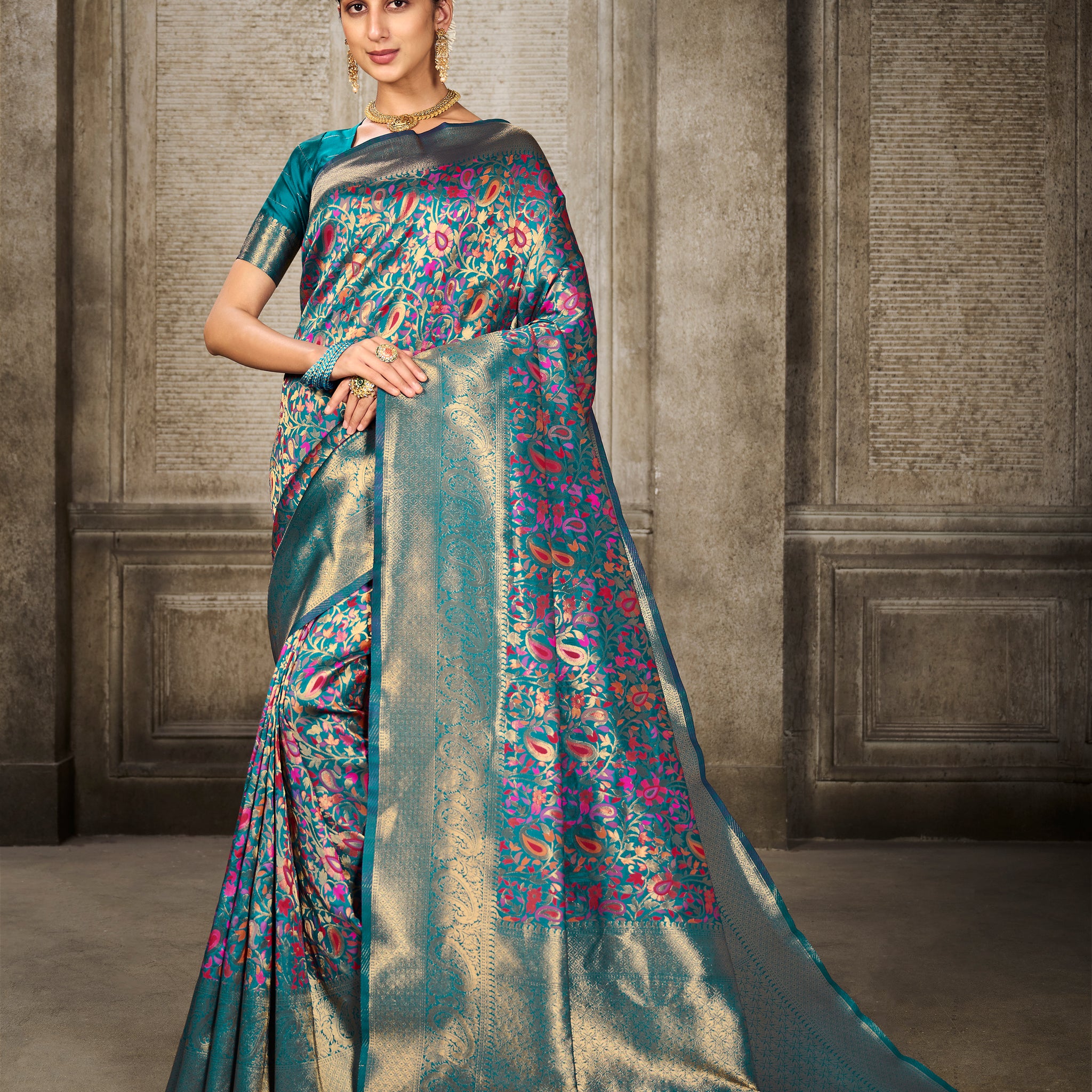 Ishika Fab Turquoise Banarasi Silk Saree