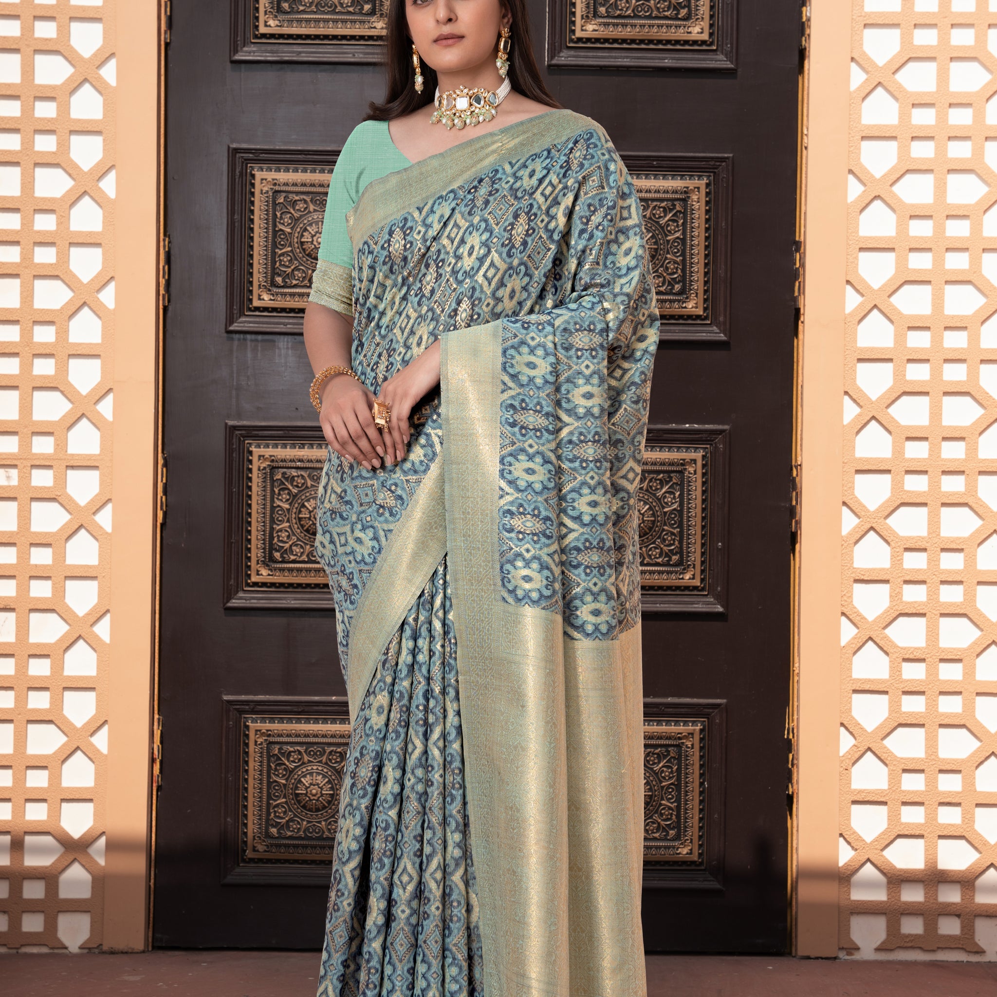 Blue Cotton Ikat Silk Saree