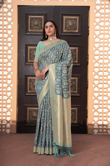 Blue Cotton Ikat Silk Saree