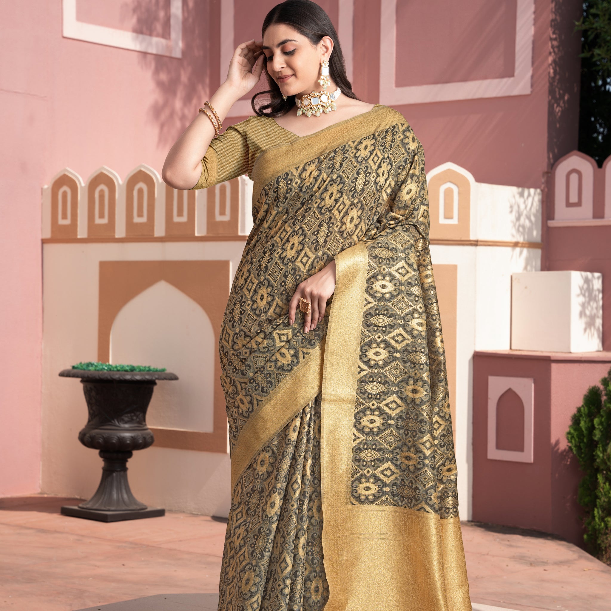 Brown Cotton Ikat Silk Saree