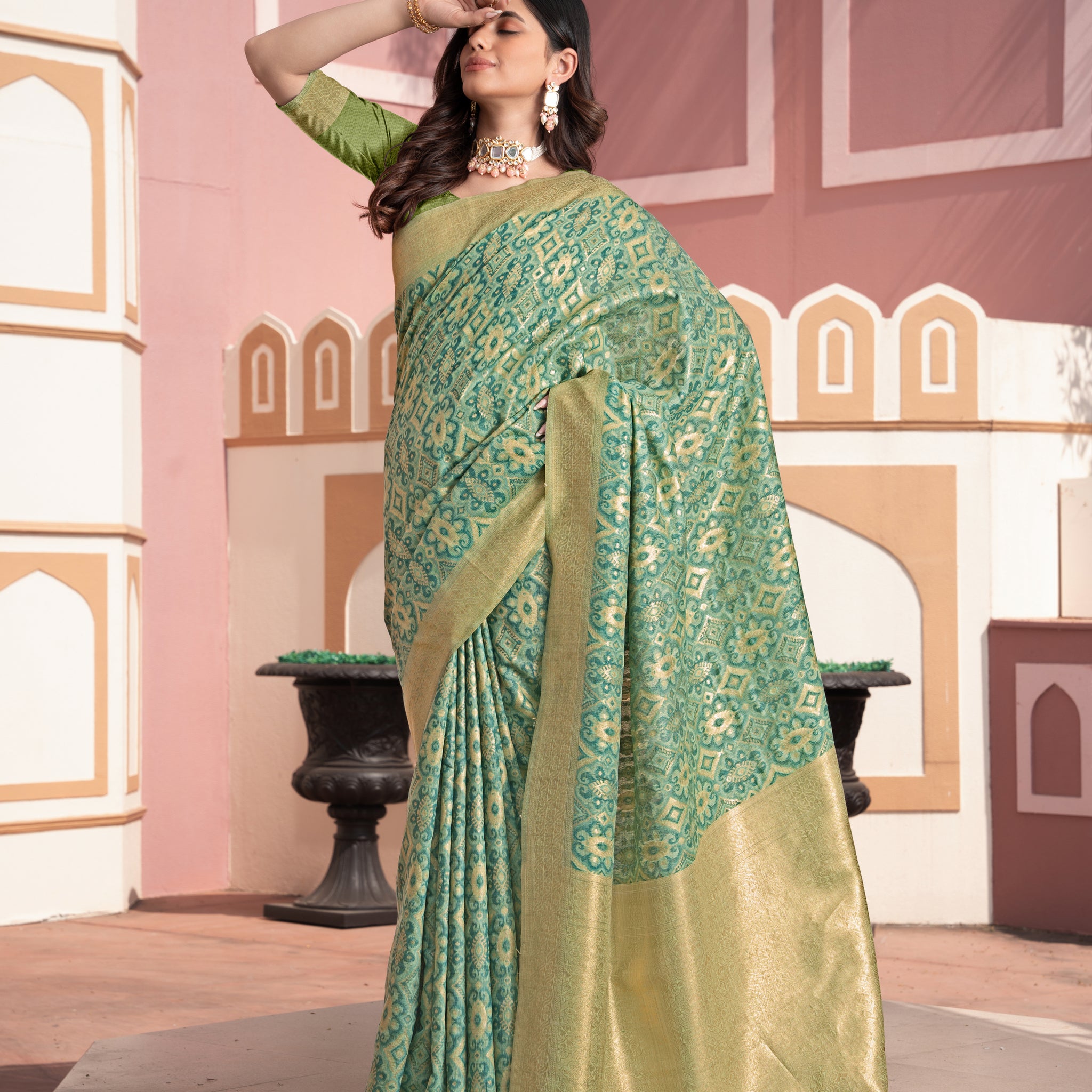 Green Cotton Ikat Silk Saree