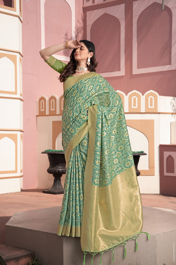 Green Cotton Ikat Silk Saree