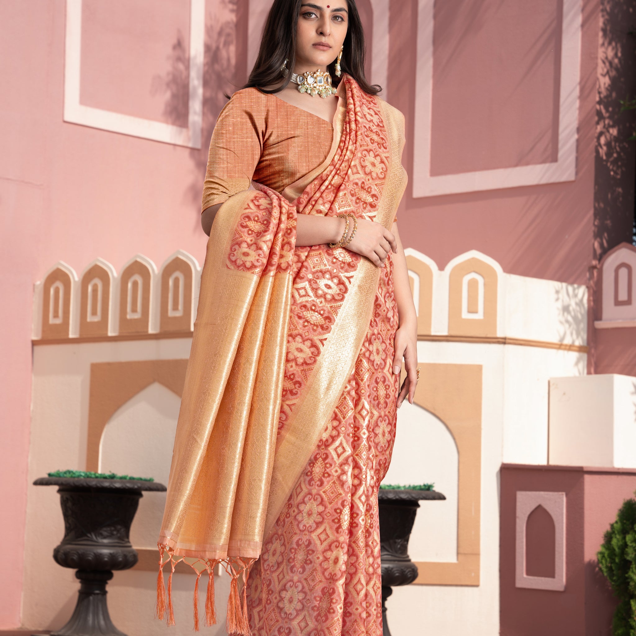 Peach Cotton Ikat Silk Saree