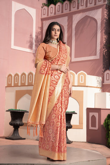 Peach Cotton Ikat Silk Saree