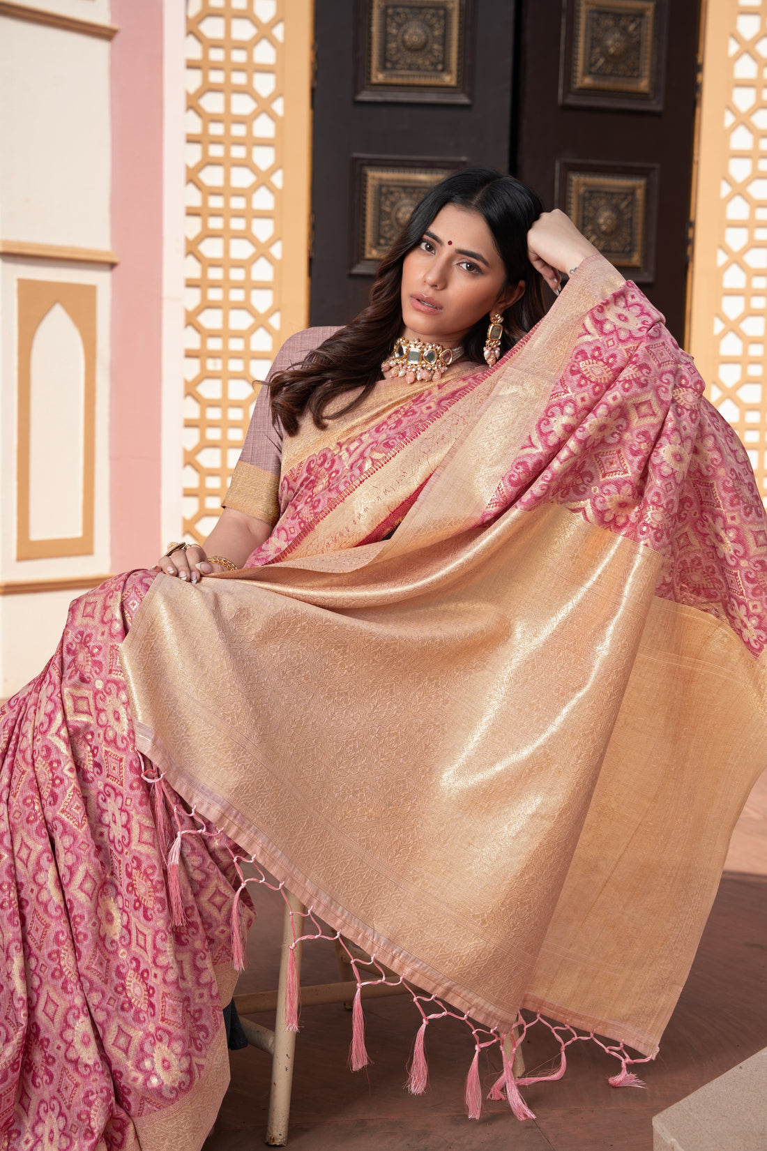 Pink Cotton Ikat Silk Saree