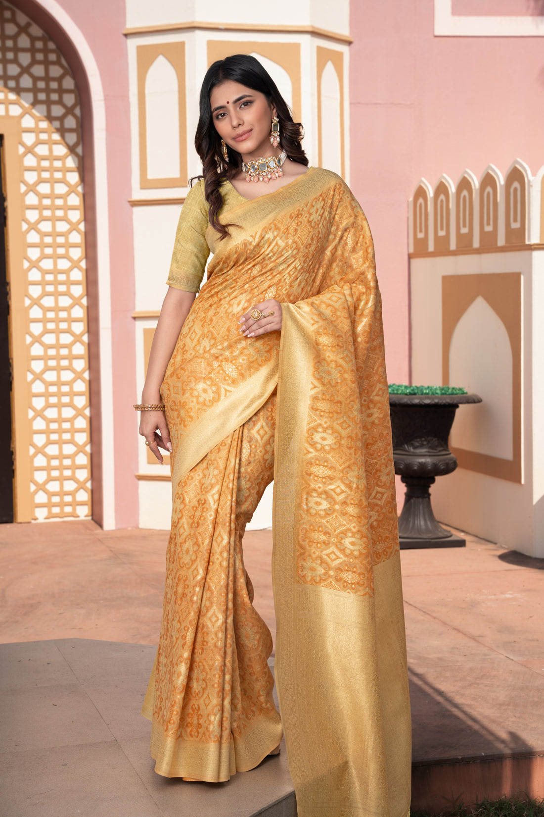 Yellow Cotton Ikat Silk Saree