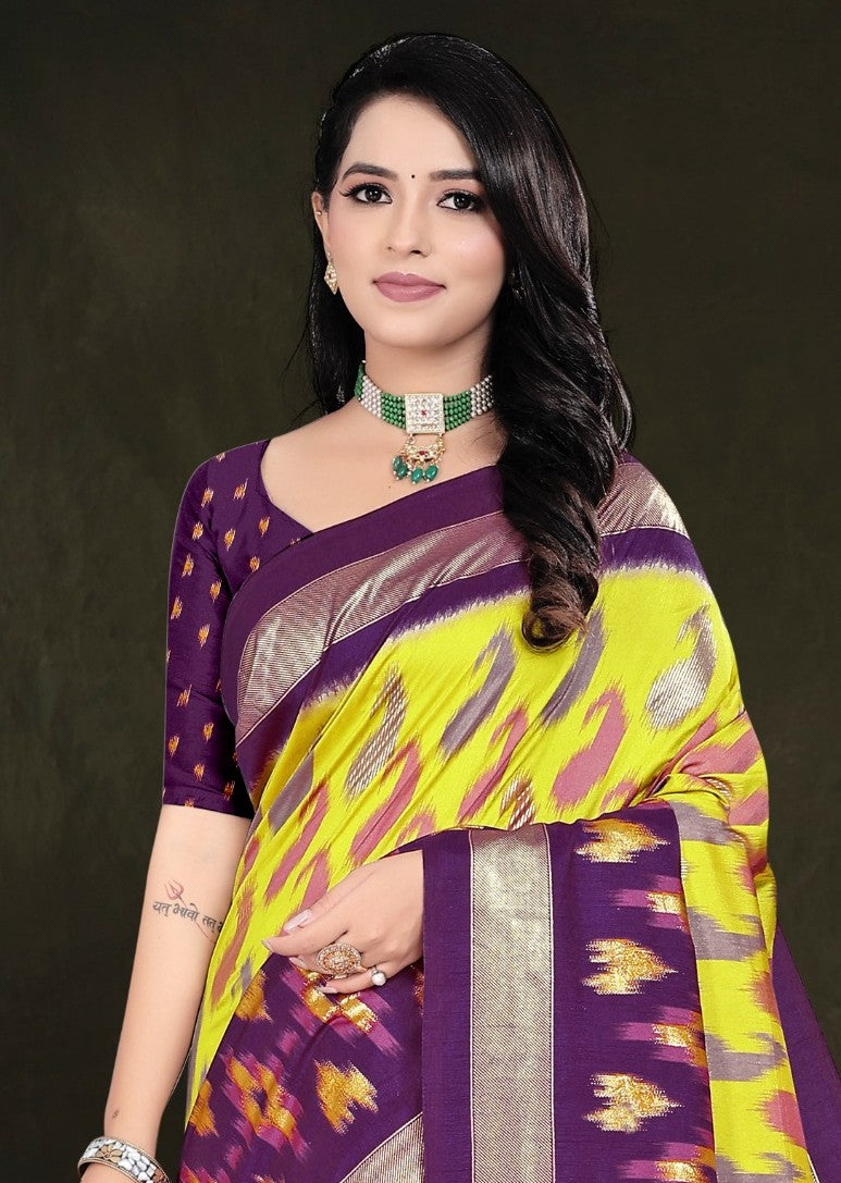 Aroma Lemon Yellow and Purple Cotton Silk Saree