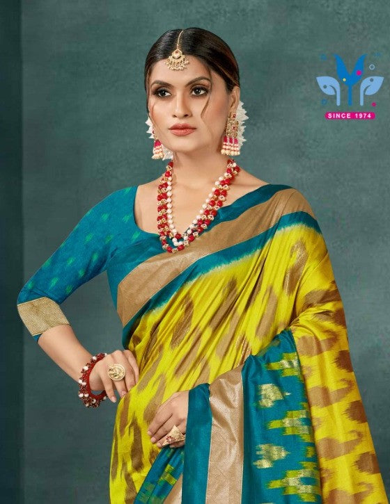 Aroma Yellow and Blue Cotton Silk Saree