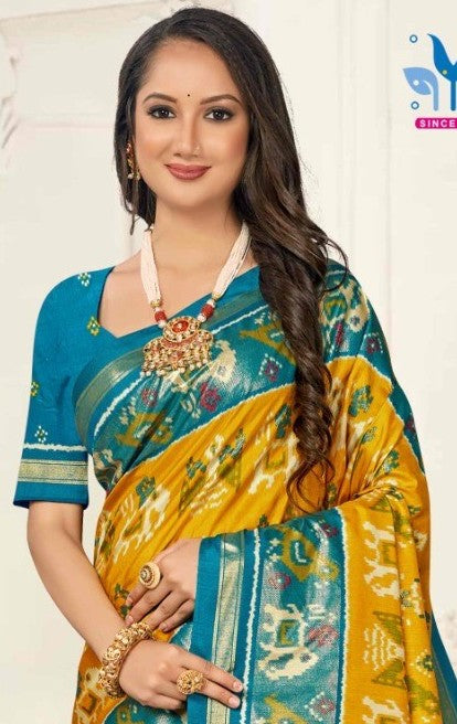 Aroma Yellow and Blue Cotton Silk Saree