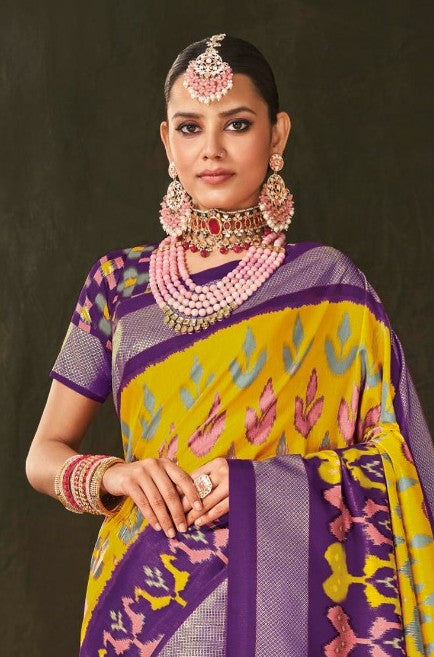 Aroma Yellow and Purple Cotton Silk Saree