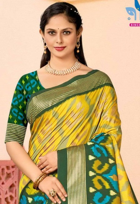 Aroma Yellow and Green Cotton Silk Saree