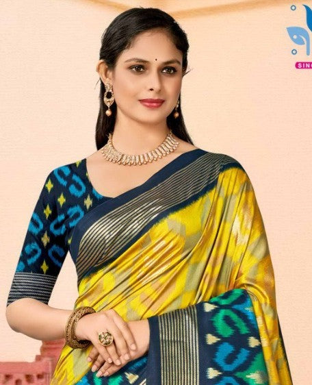 Aroma Yellow and Navy Blue Cotton Silk Saree