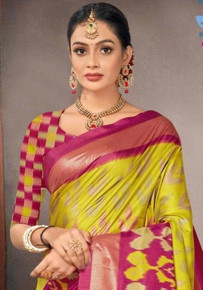 Aroma Yellow and Pink Cotton Silk Saree