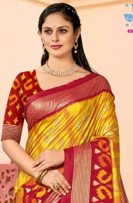 Aroma Yellow and Red Cotton Silk Saree