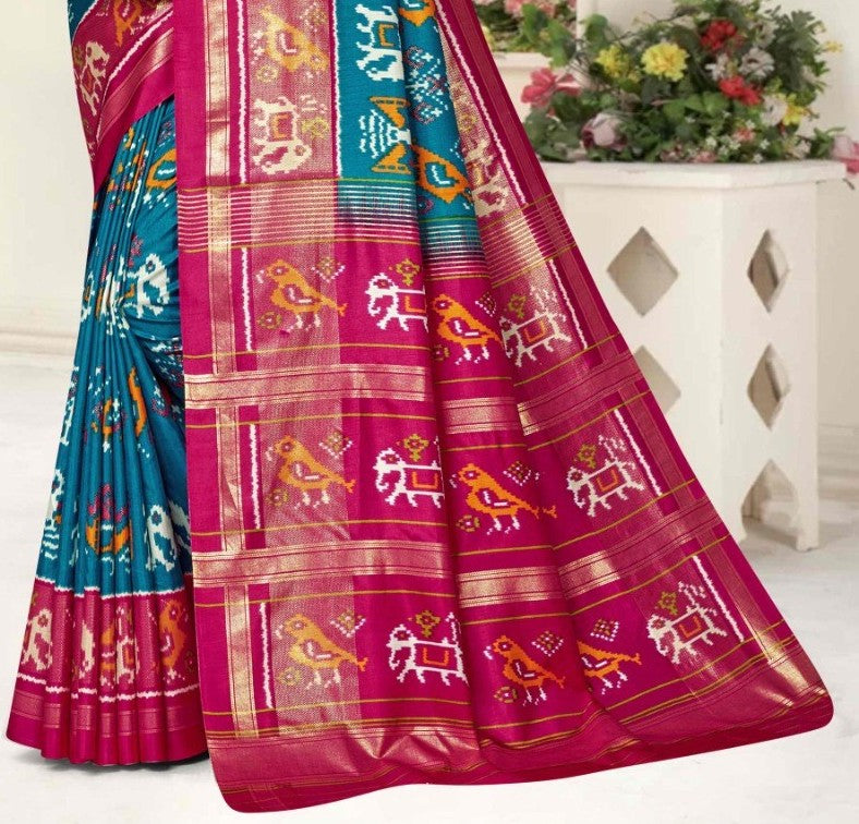 Aroma Blue and Pink Cotton Silk Saree