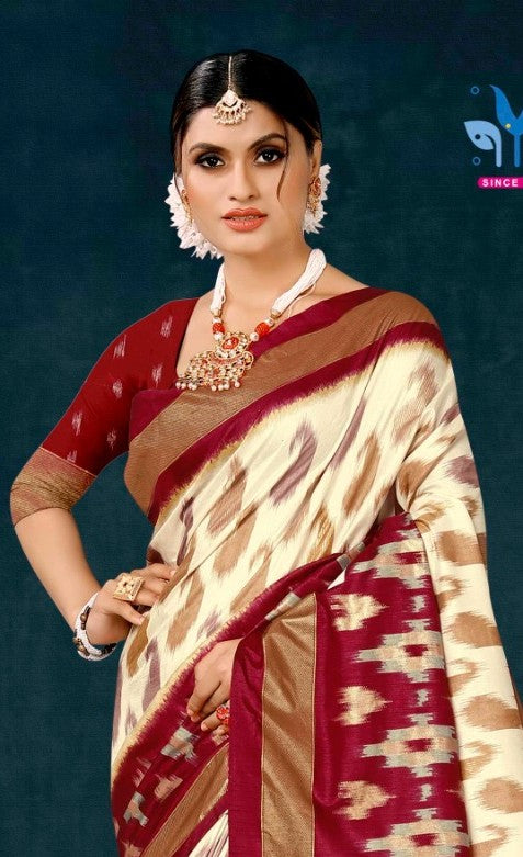 Aroma Cream and Red Cotton Silk Saree