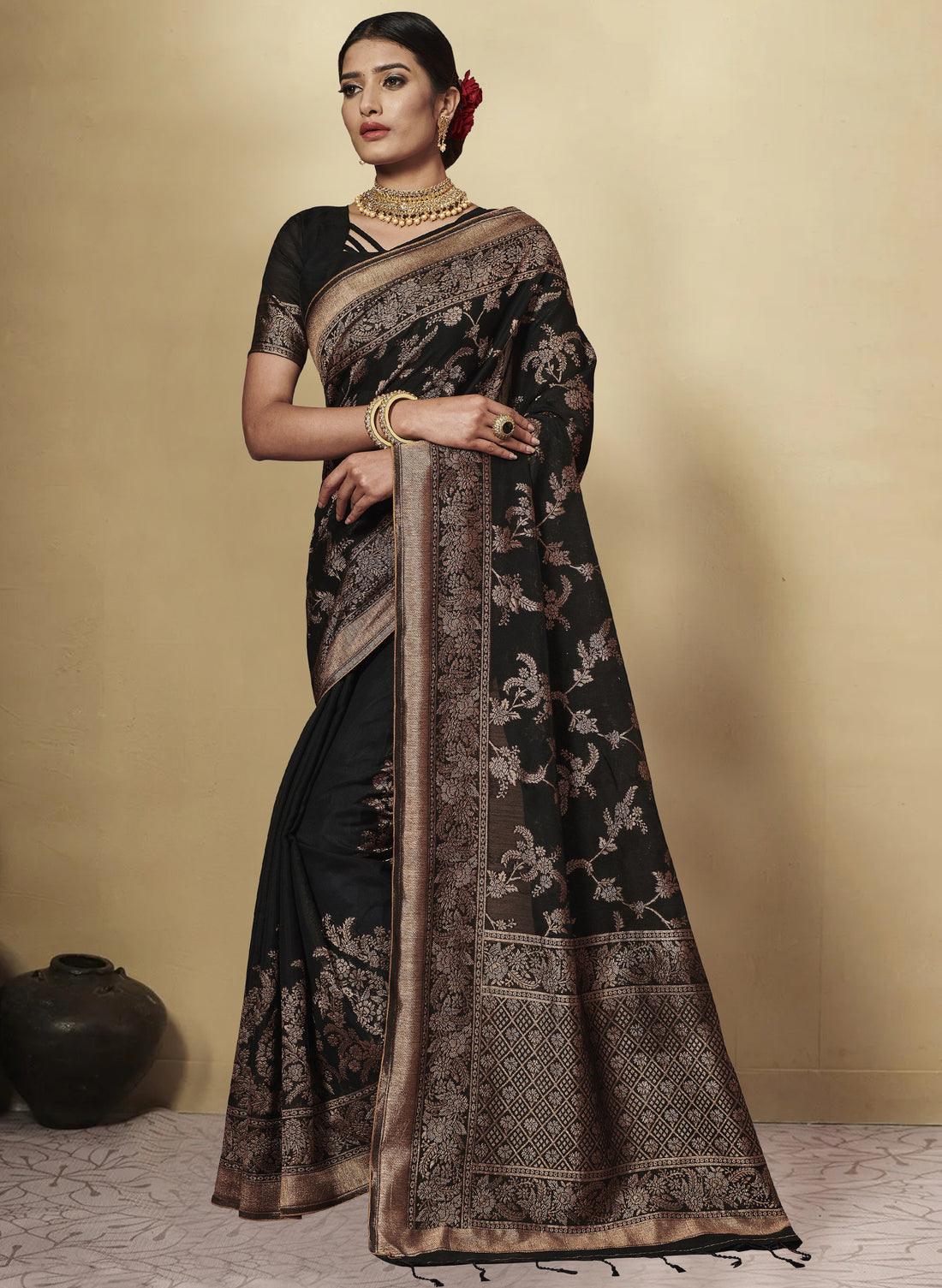 Ishika Fab Black Chanderi Cotton Saree