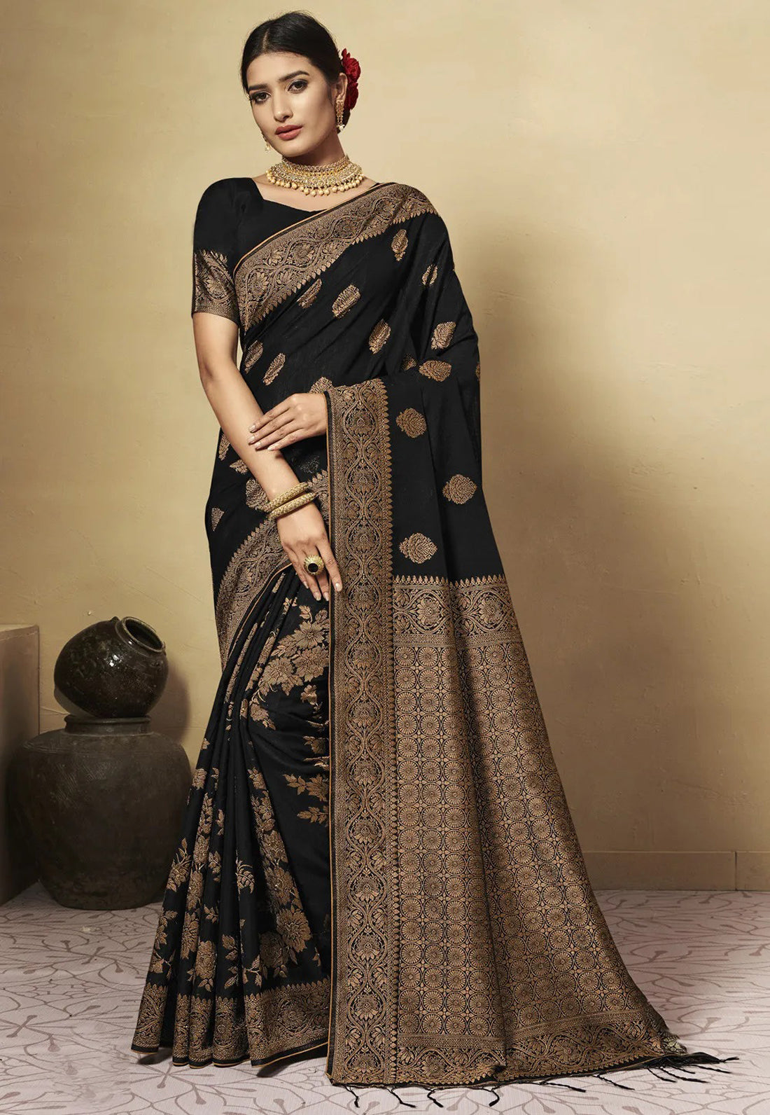 Ishika Fab Black Chanderi Cotton Saree