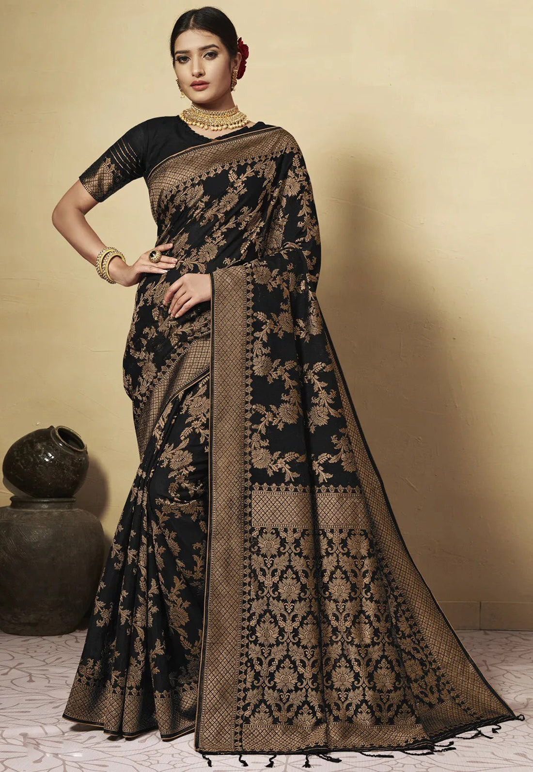 Ishika Fab Black Chanderi Cotton Saree