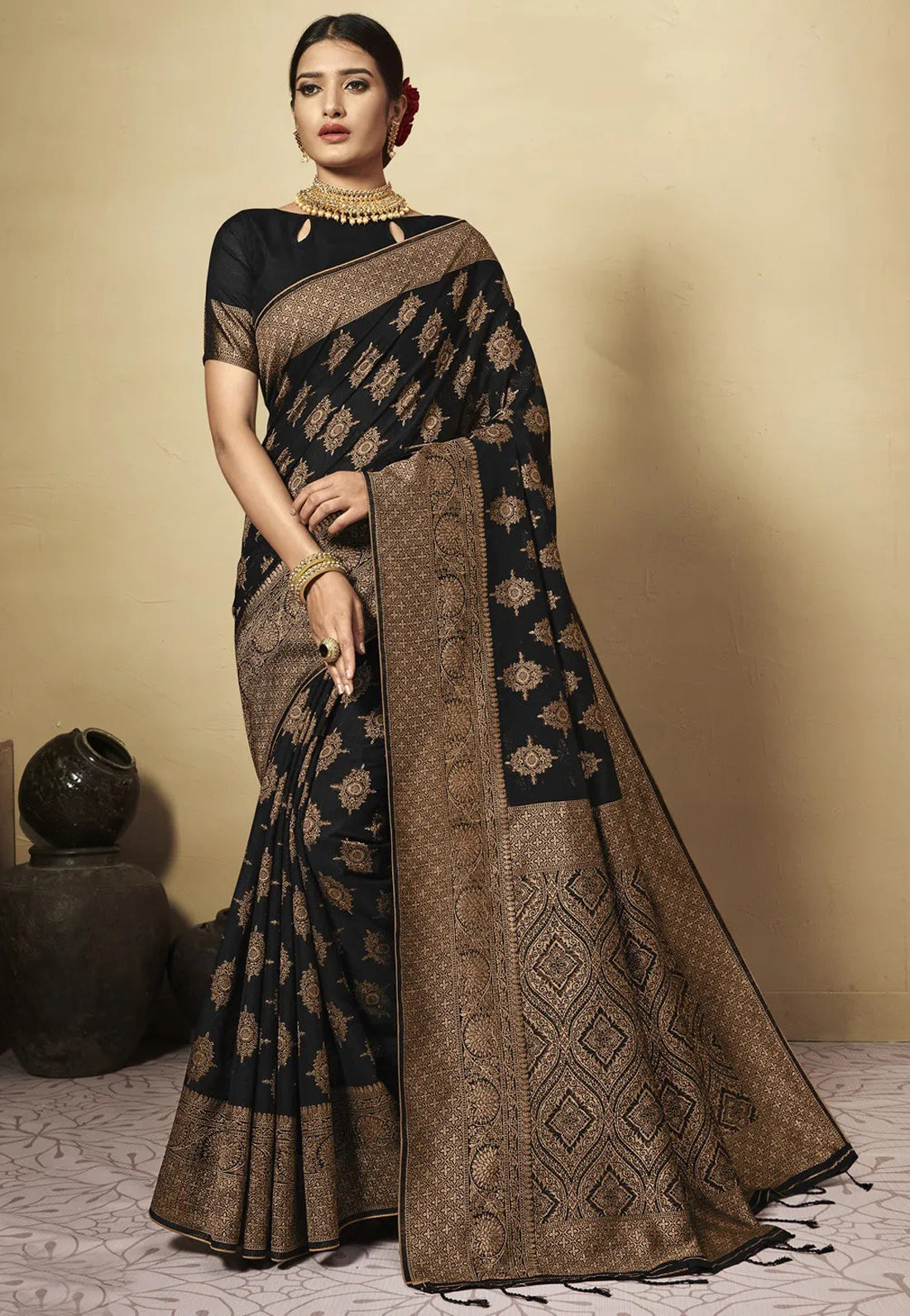 Ishika Fab Black Chanderi Cotton Saree