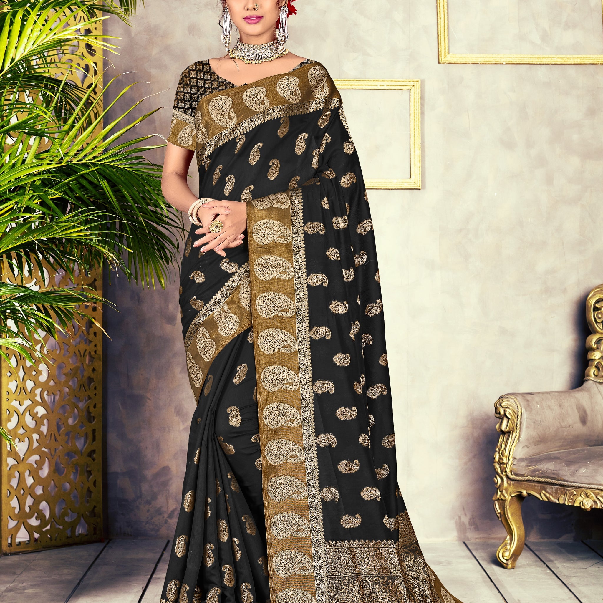 Ishika Fab Black Chanderi Cotton Saree