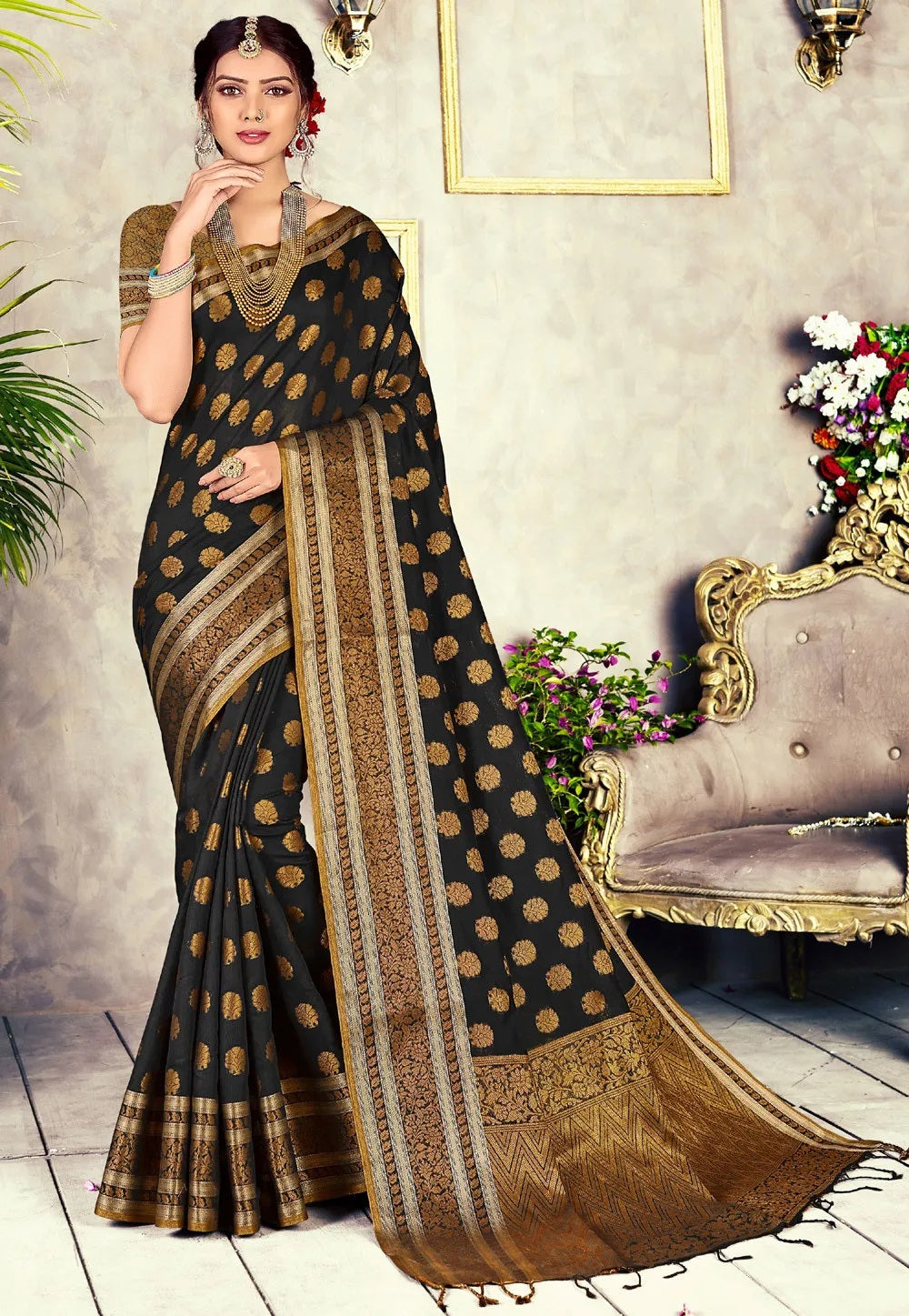 Ishika Fab Black Chanderi Cotton Saree