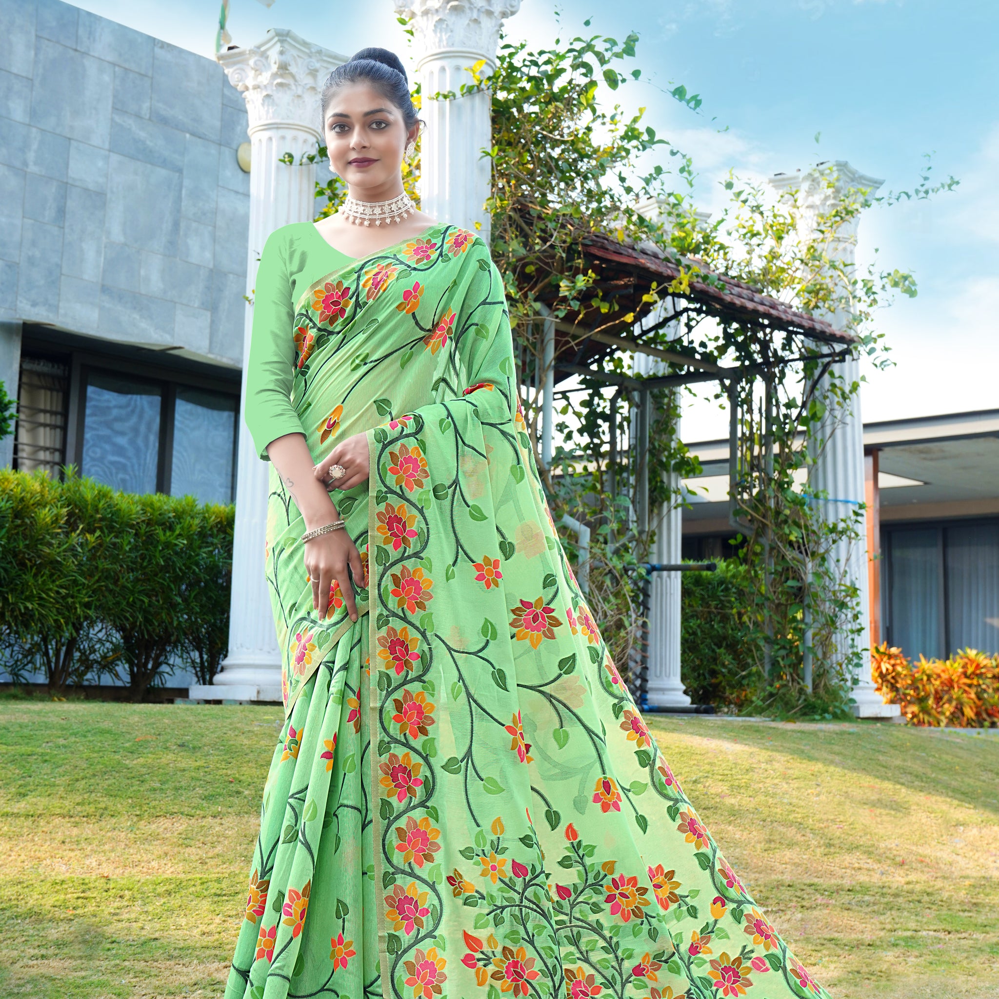 Ishika Fab Green Soft Cotton Saree