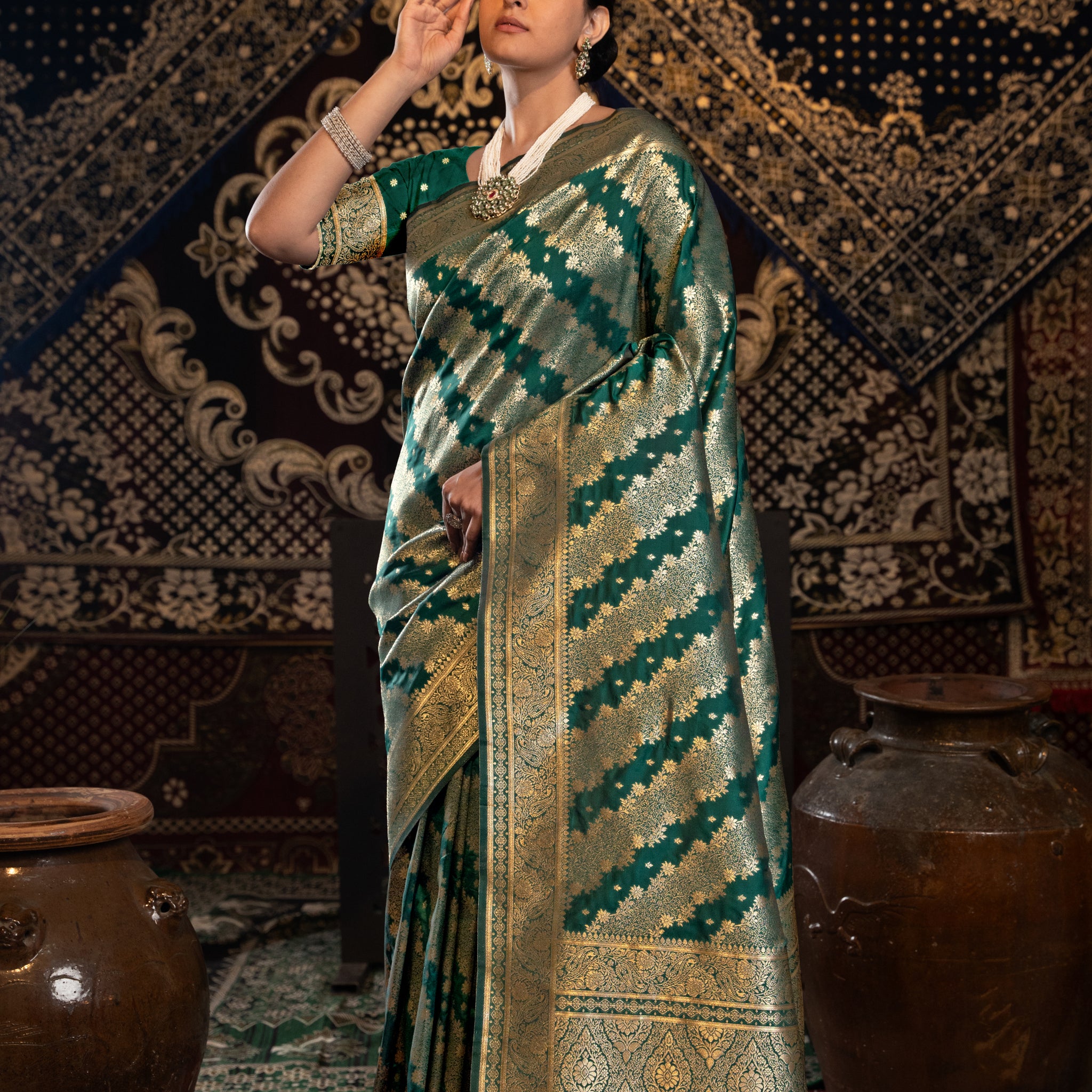 Bottle Green Banarasi Silk Woven Saree