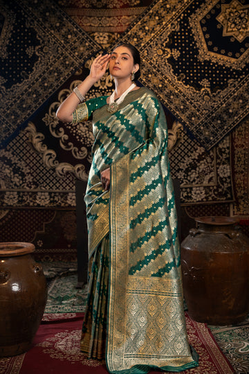 Bottle Green Banarasi Silk Woven Saree