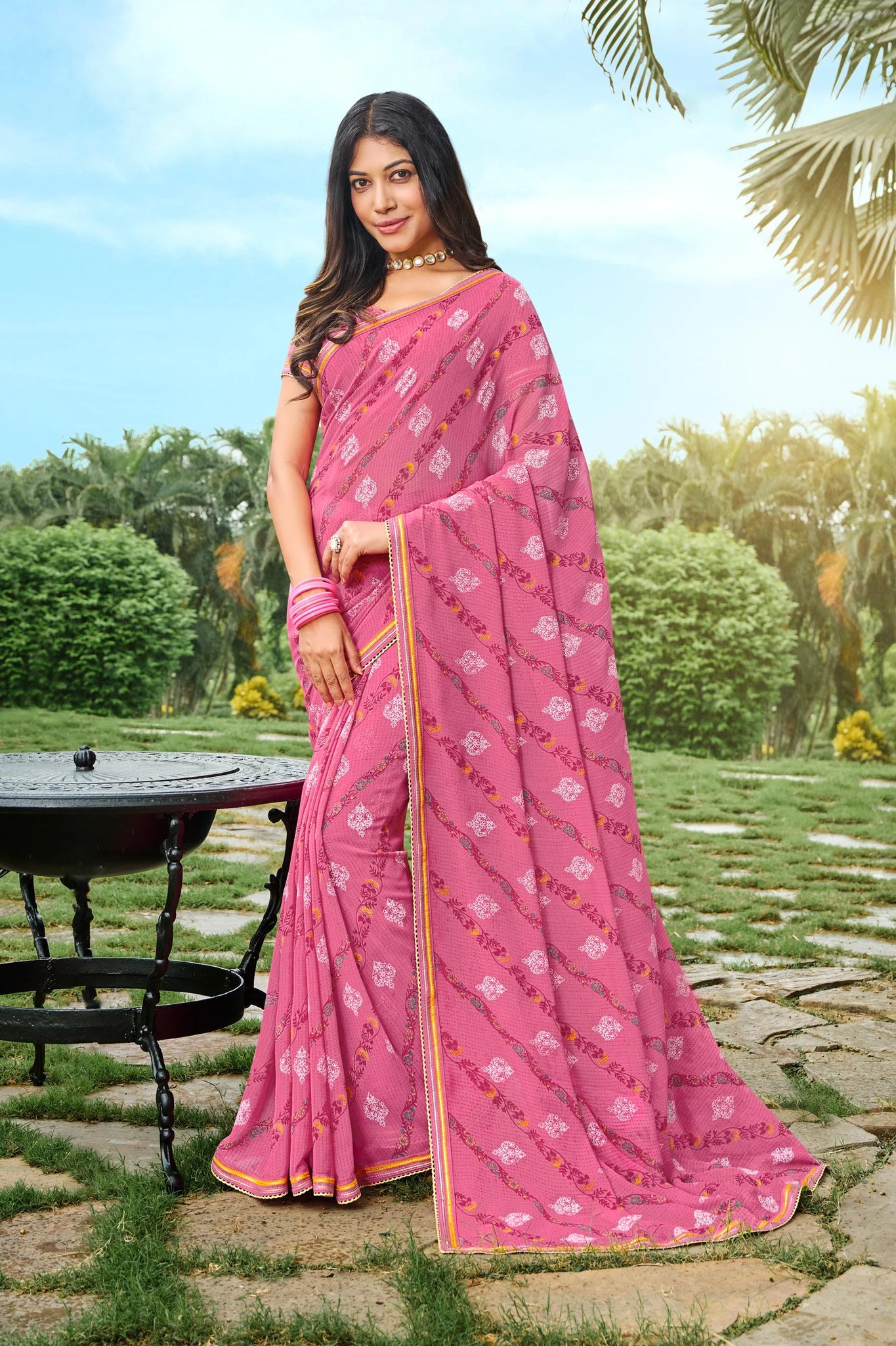 Laxmipati Varsha N-2006 Pink Chiffon Saree